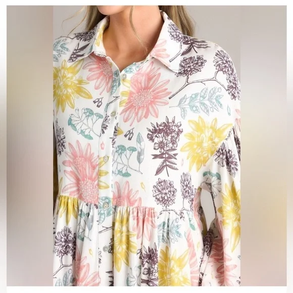 Aura Ivory Floral Print Swing Linen Dress Large - Picture 6 of 10